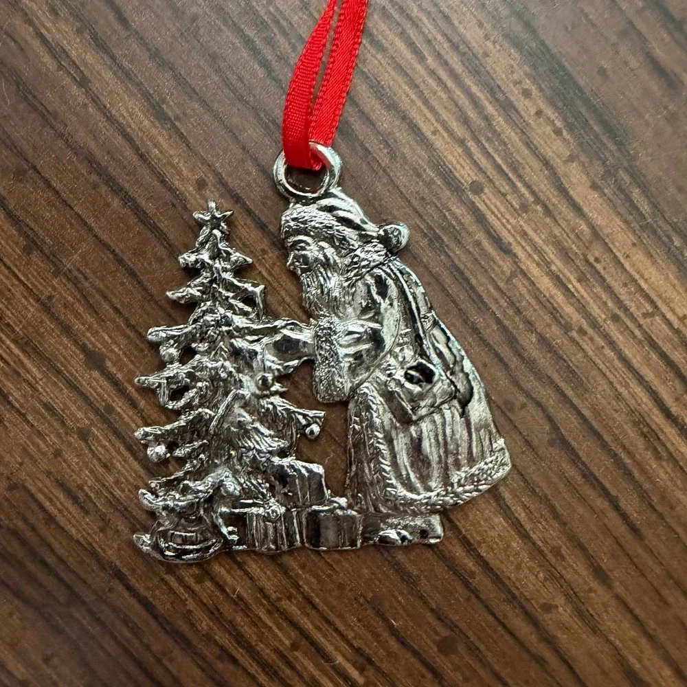 Lot Of 3 Pewter Christmas Ornaments Santa By Tree French Horn Stocking